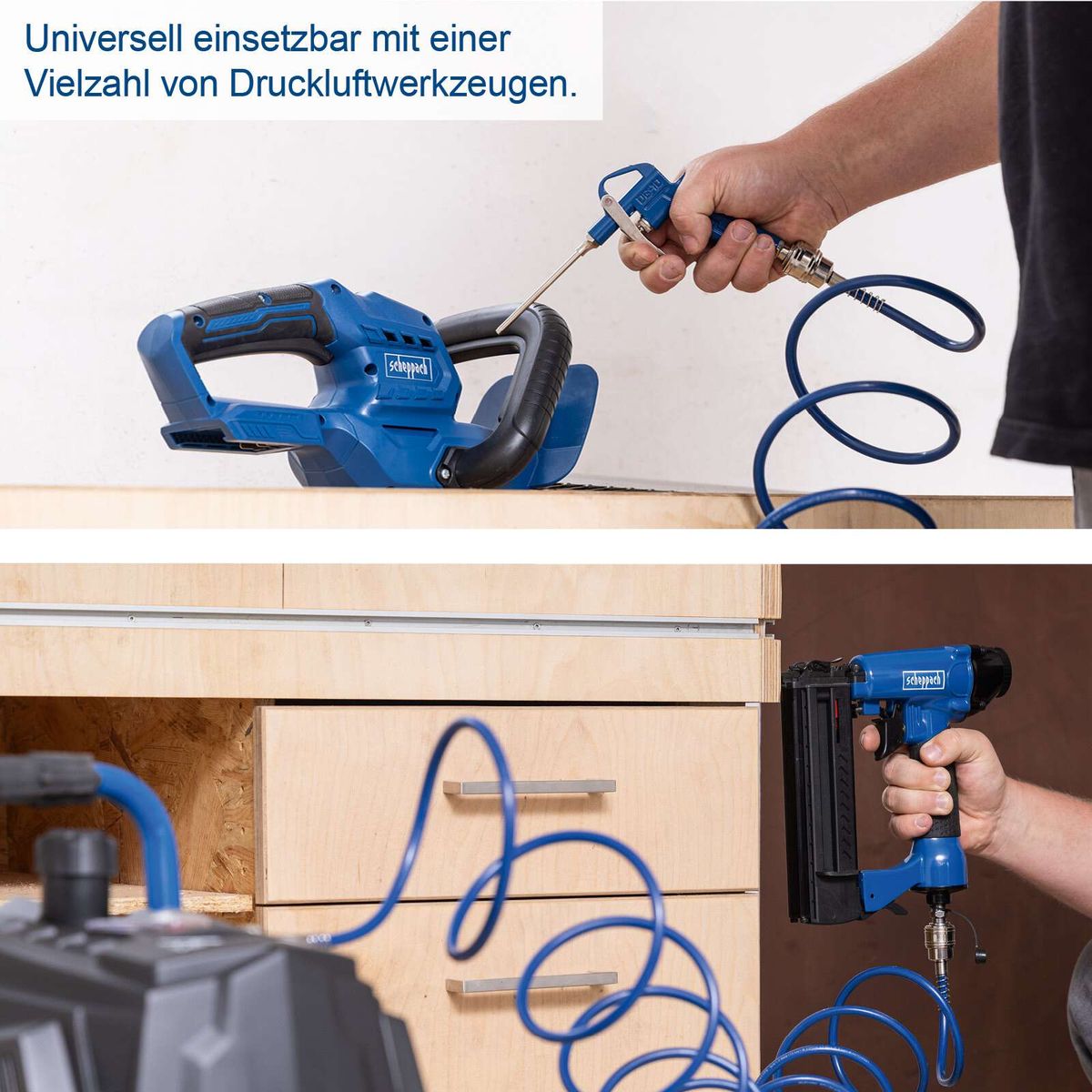 Der Scheppach Kompressor HC24V ist universell einsetzbar mit einer Vielzahl von Druckluftwerkzeugen. Er verfügt über einen 24-Liter-Kessel, ist ölfrei und wartungsarm und liefert einen Druck von 10 Bar bei einer Leistung von 1500 Watt.