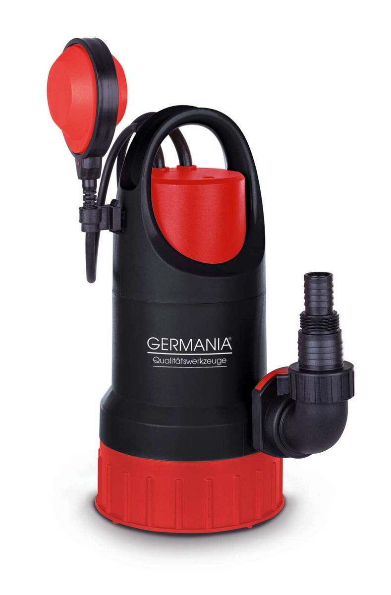 Flachsaugerpumpe EPS75 Germania, Ansicht von vorne. Der Pumpenkörper mit rotem Deckel und schwarzem Griff. Ein roter Schwimmer und ein schwarzer Auslassanschluss sind sichtbar.