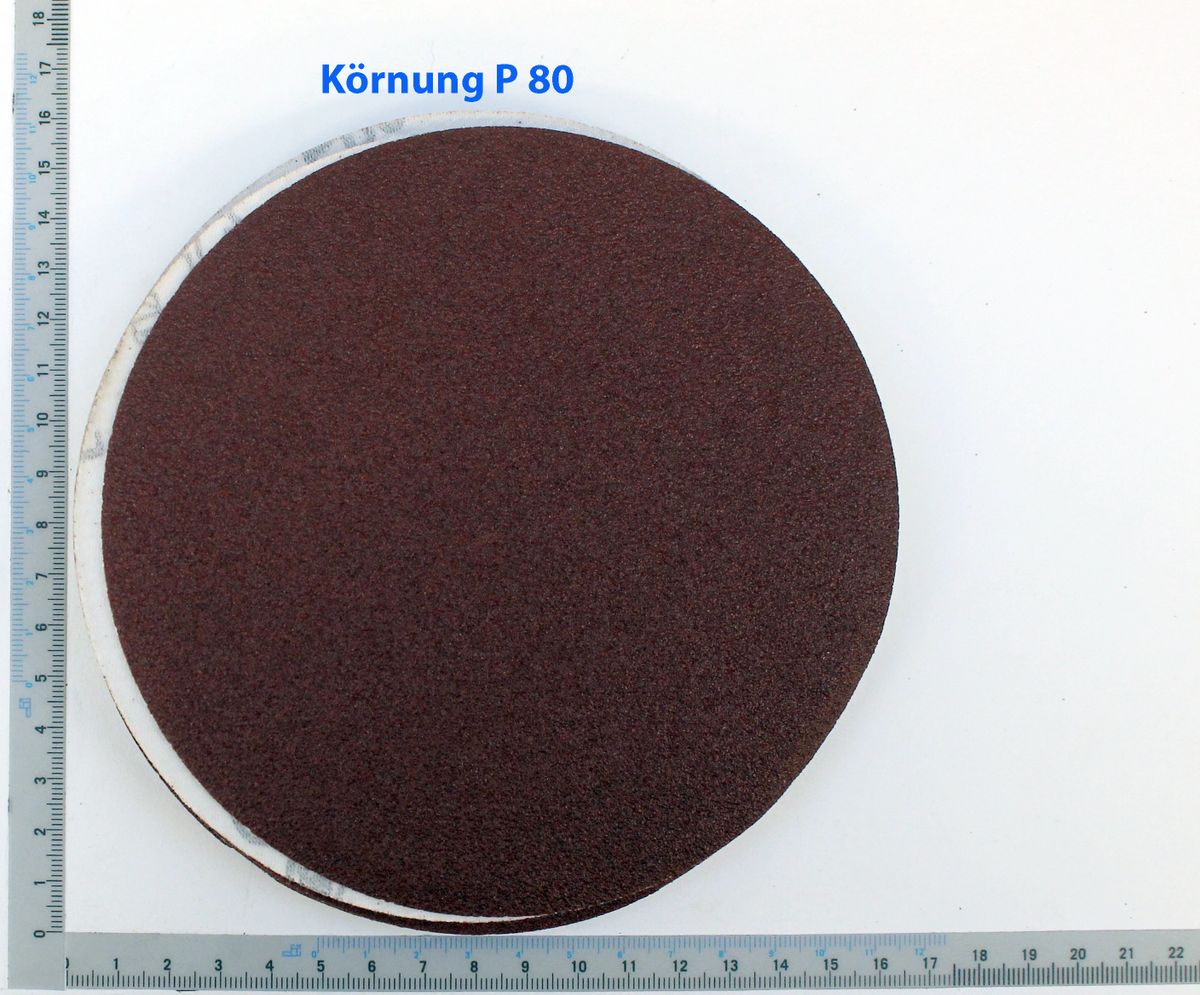 Scheppach Schleifpapier mit Körnung P 80, Ø 150 mm, von oben fotografiert.