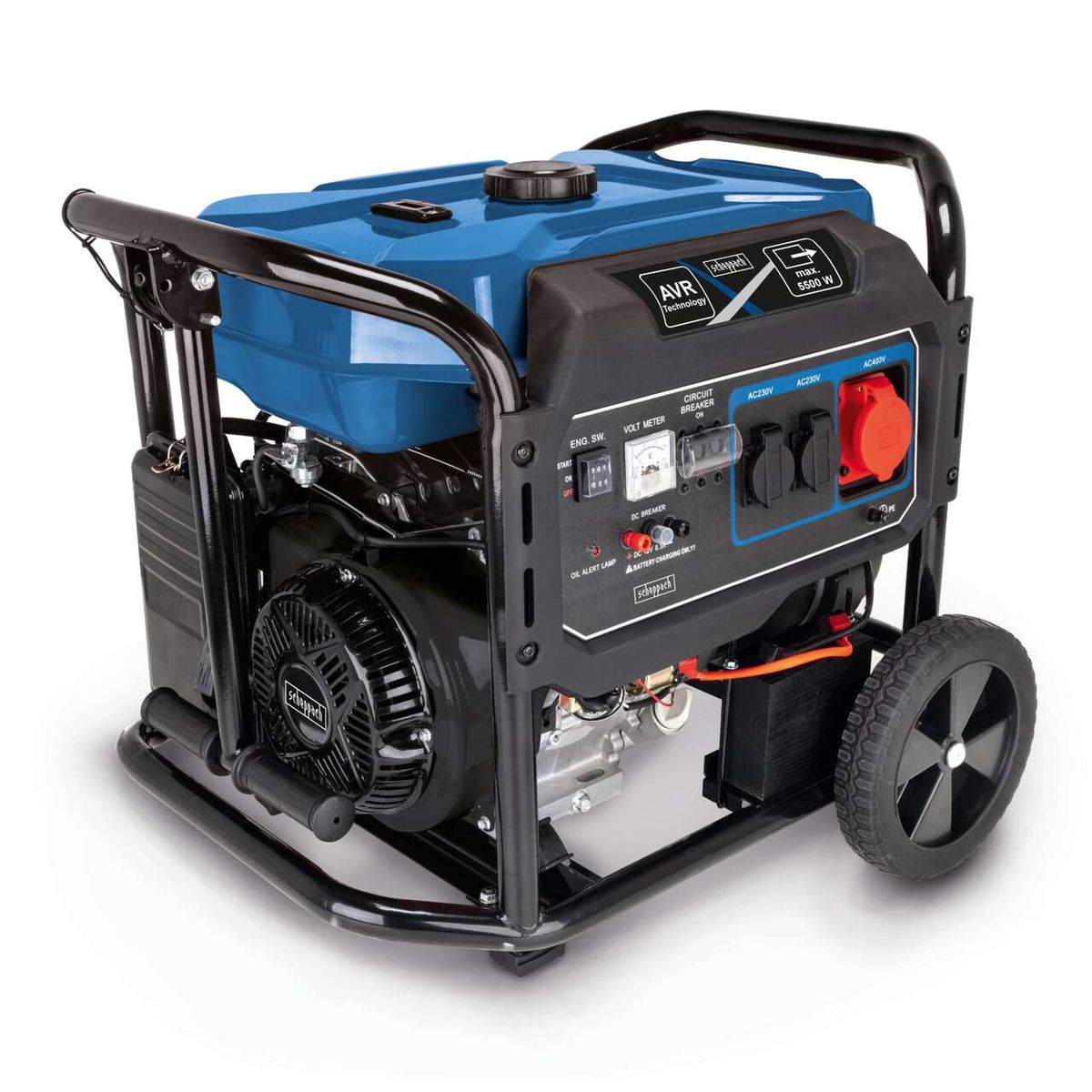 Der Benzin Stromgenerator SG7100x von Scheppach mit AVR-Technologie, 5500W Leistung, E-Start, 2x230V, 1x400V und 1x12V DC-Anschluss. Ausgestattet mit Spannungsmesser, Überlastschutz und Ölmangelwarnung.
