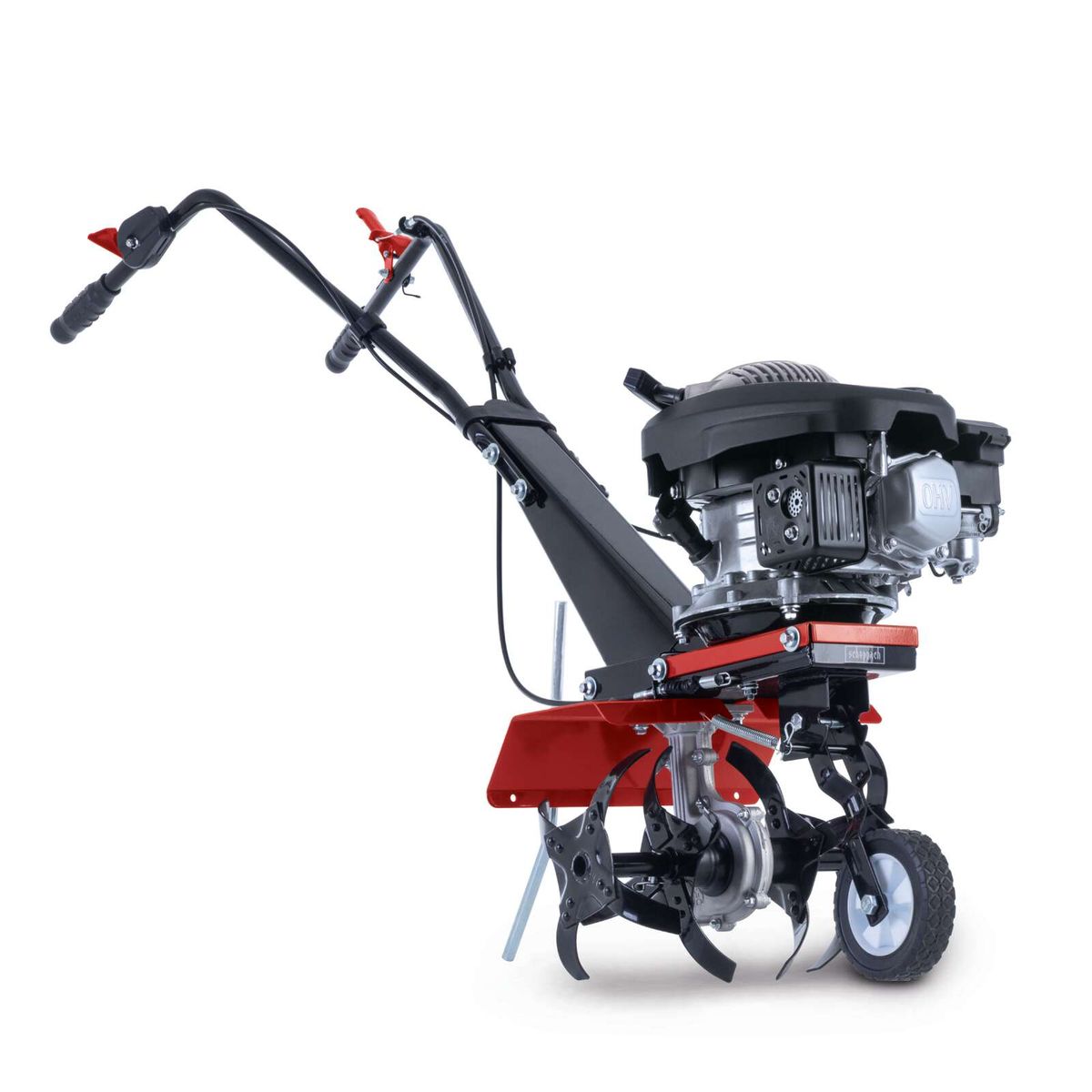 Scheppach Motorkultivator mit OHM-Motor, 4 Gängen, 2 Vorwärts- und 2 Rückwärtsgängen, 170 mm Arbeitsbreite, 205 mm Arbeitshöhe, 5,5 PS, 163 cc Hubraum, 2800 U/min, 120 kg Gewicht.