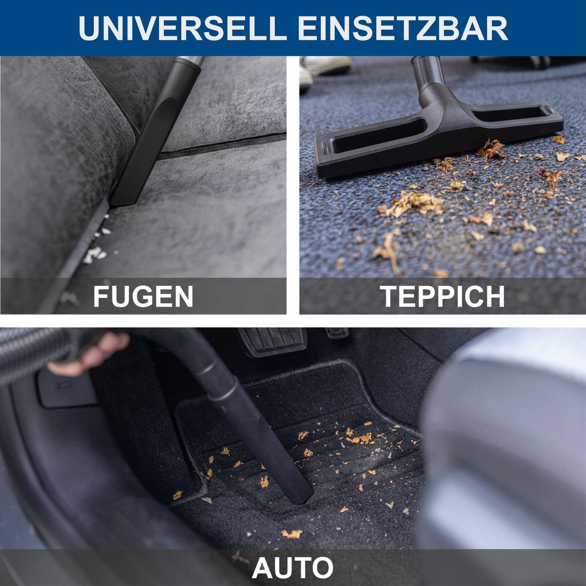 Der Elektro Nass-/Trockensauger VC50 Scheppach hat einen universellen Einsatzbar mit drei verschiedenen Aufsätzen: Fugen, Teppich und Auto. Diese Aufsätze ermöglichen eine flexible Reinigung verschiedener Oberflächen.