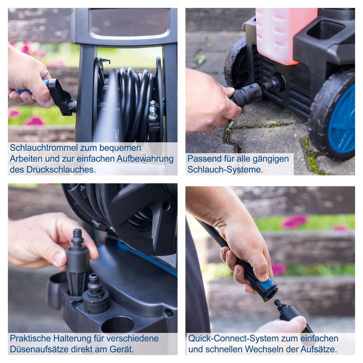 Ergonomische Schlauchtrommel für bequemes Arbeiten und einfache Aufbewahrung des Druckschlauchs; Kompatibel mit allen gängigen Schlauch-Systemen