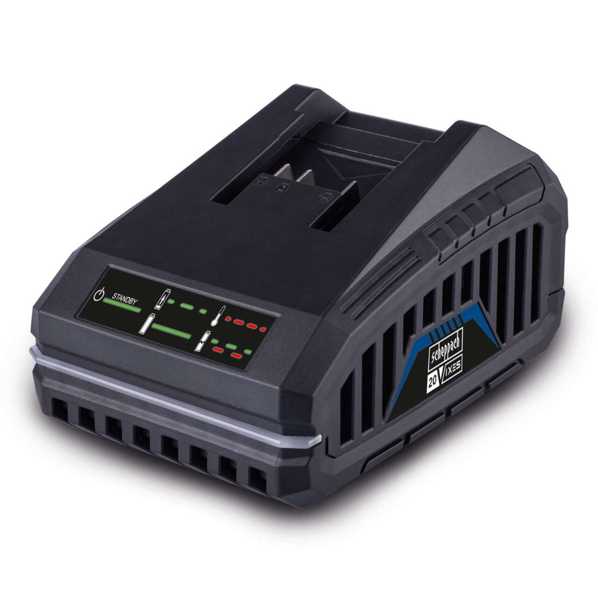 Ladegerät SBC4.5A Scheppach mit LED-Anzeige und Wandhalterung. Ladezeit: 2,0 Ah Akku ca. 35 Min., 4,0 Ah Akku ca. 60 Min.