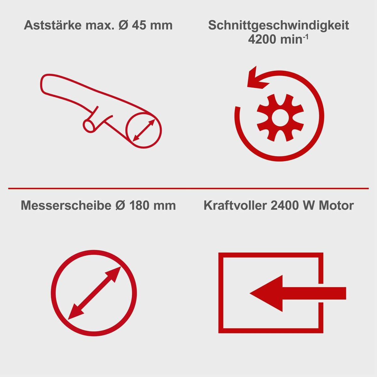 Der Elektrohäcksler GS55 von Scheppach hat eine maximale Aststärke von 45 mm, eine Schnittgeschwindigkeit von 4200 min⁻¹, eine Messerscheibe mit 180 mm Durchmesser und einen kraftvollen 2400 W Motor.