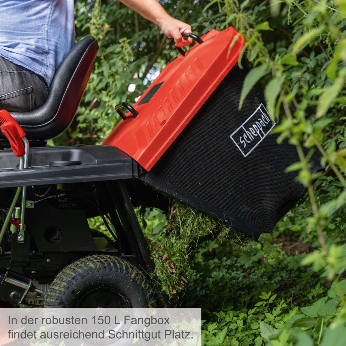 Robuster Fangbox mit 150-Liter-Fassungsvermögen für ausreichend Schnittgutplatz