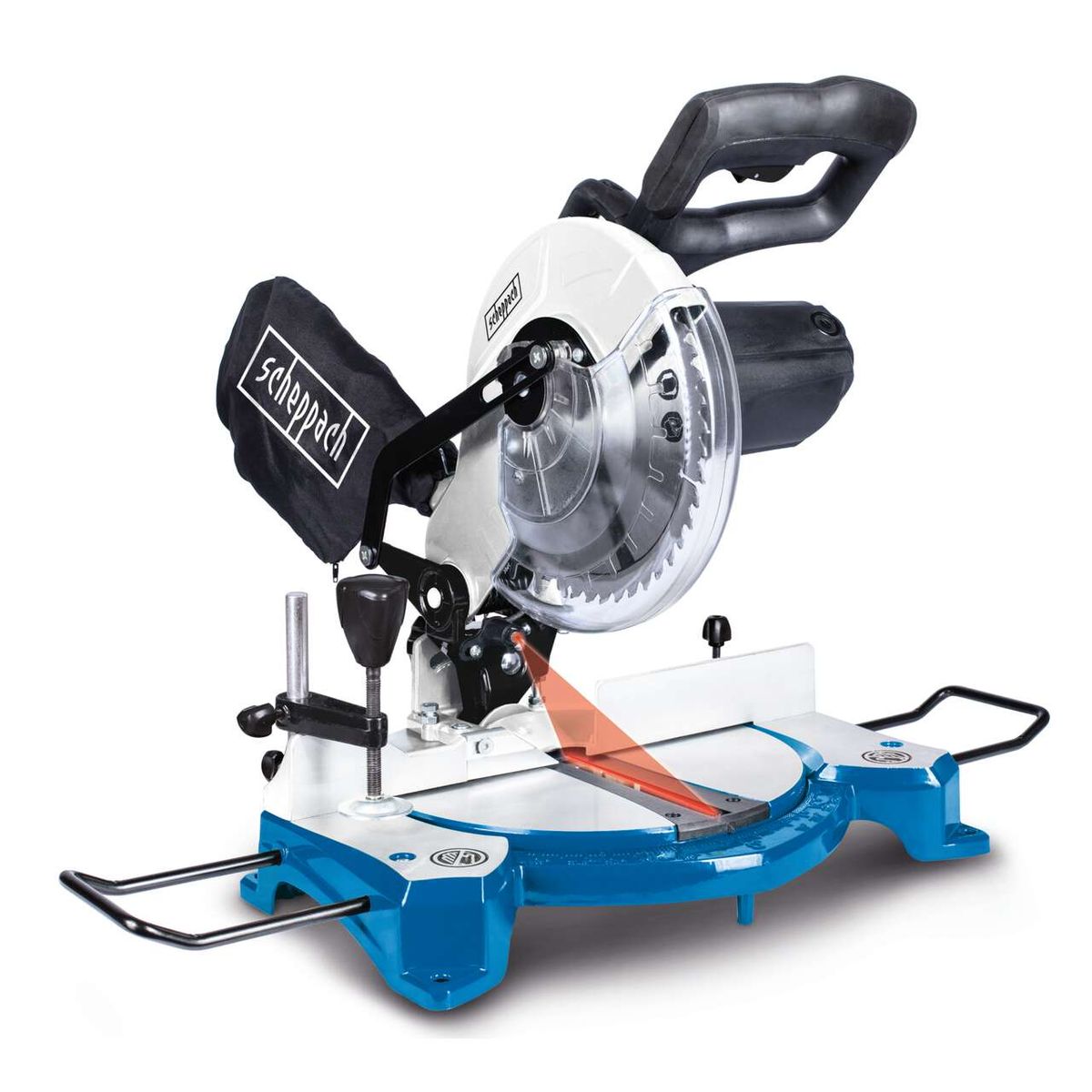 Kapp- und Gehrungssäge HM80L von Scheppach mit 1500W Leistung, 120mm Schnittbreite und 60mm Schnitthöhe. 24 Zähne für präzise Schnitte. Geeignet für verschiedene Schnittwinkel und -tiefen.