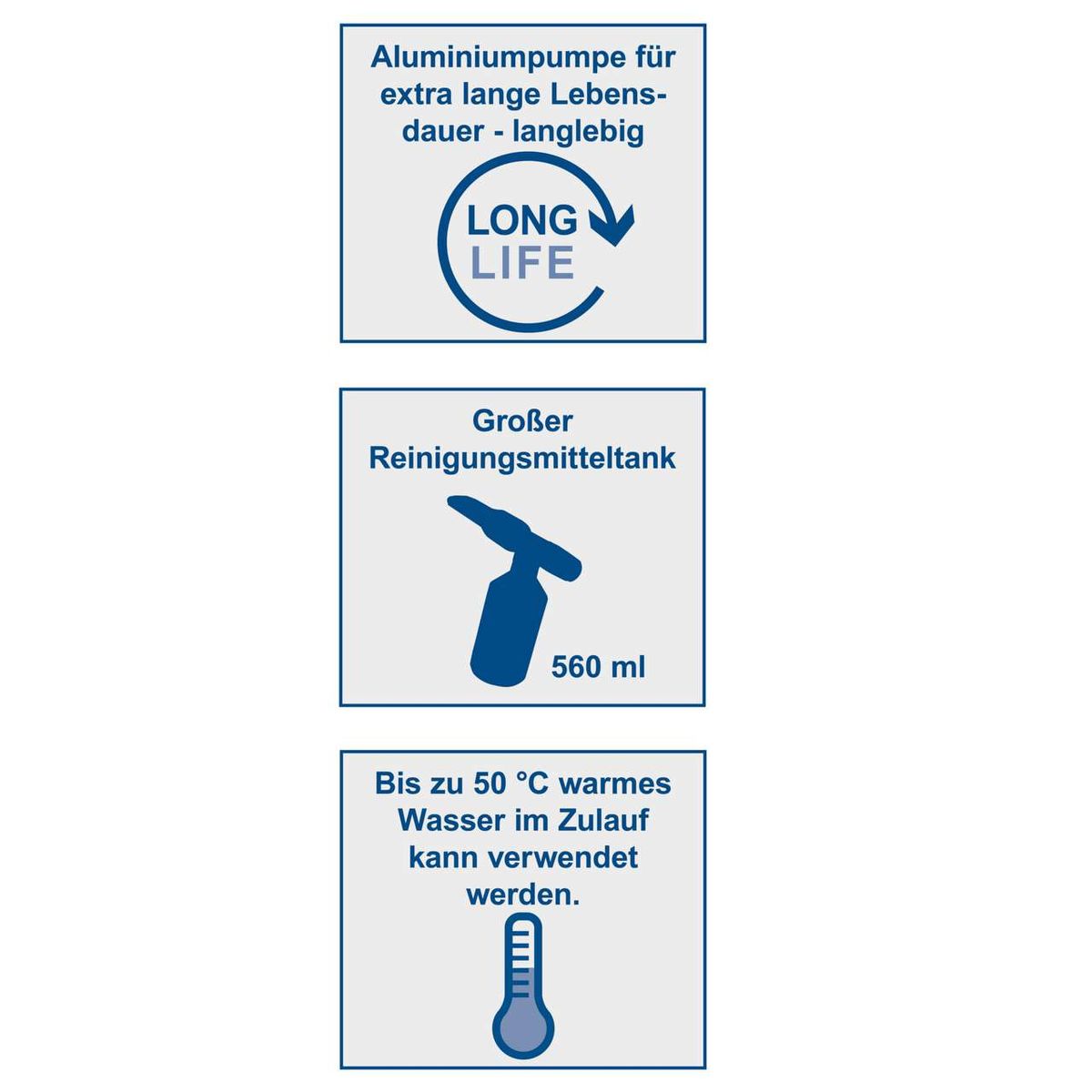 Der Scheppach Hochdruckreiniger HCE2550 verfügt über eine langlebige Aluminiumpumpe, einen großen Reinigungsmitteltank mit 560 ml Fassungsvermögen und kann mit bis zu 50 °C warmem Wasser betrieben werden.