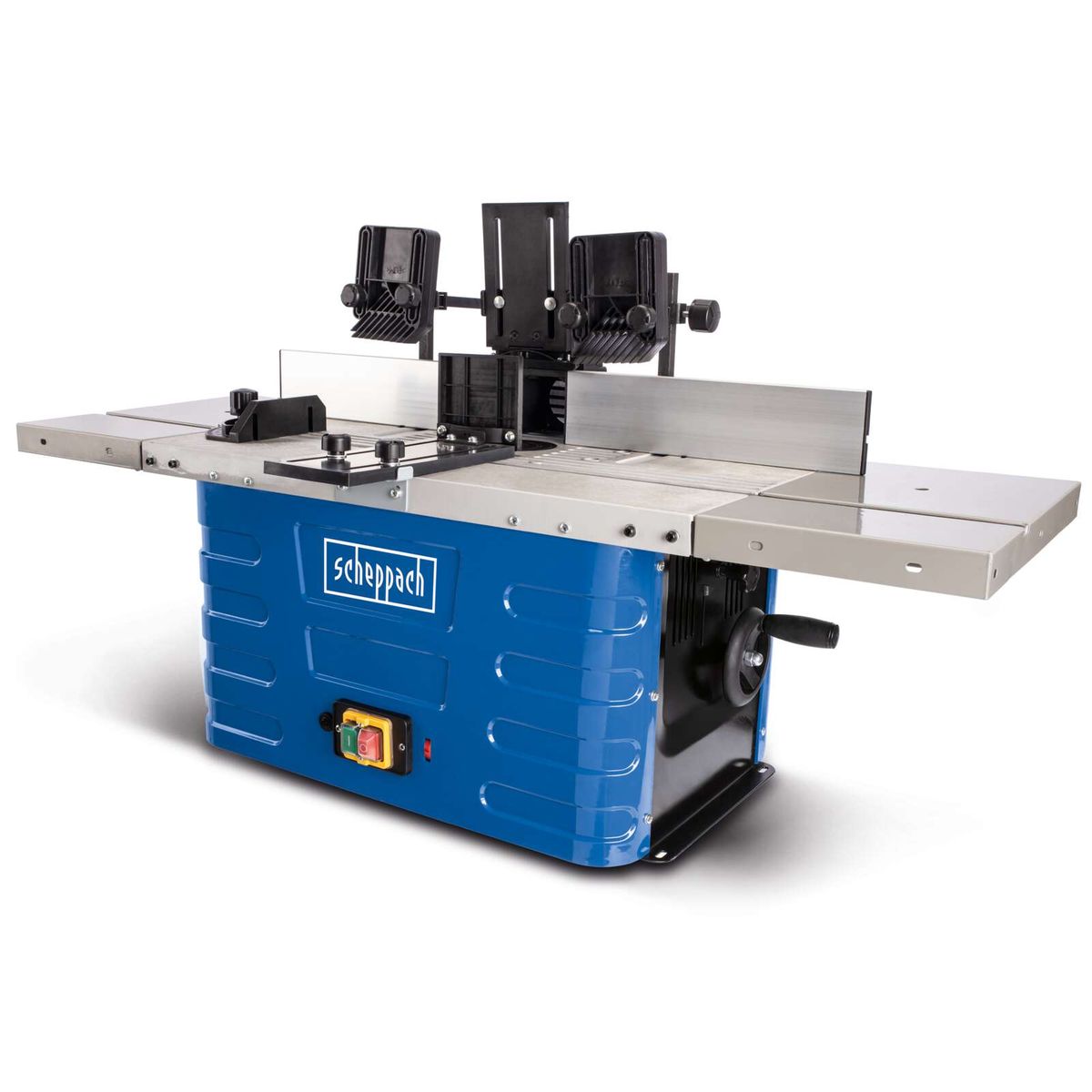 Fräsmaschine HF50 mit 40mm Spindelhöhe, 6, 8 und 12mm Spannzangen und Tischverbreiterung. 1500W Leistung, 24.000 U/min.