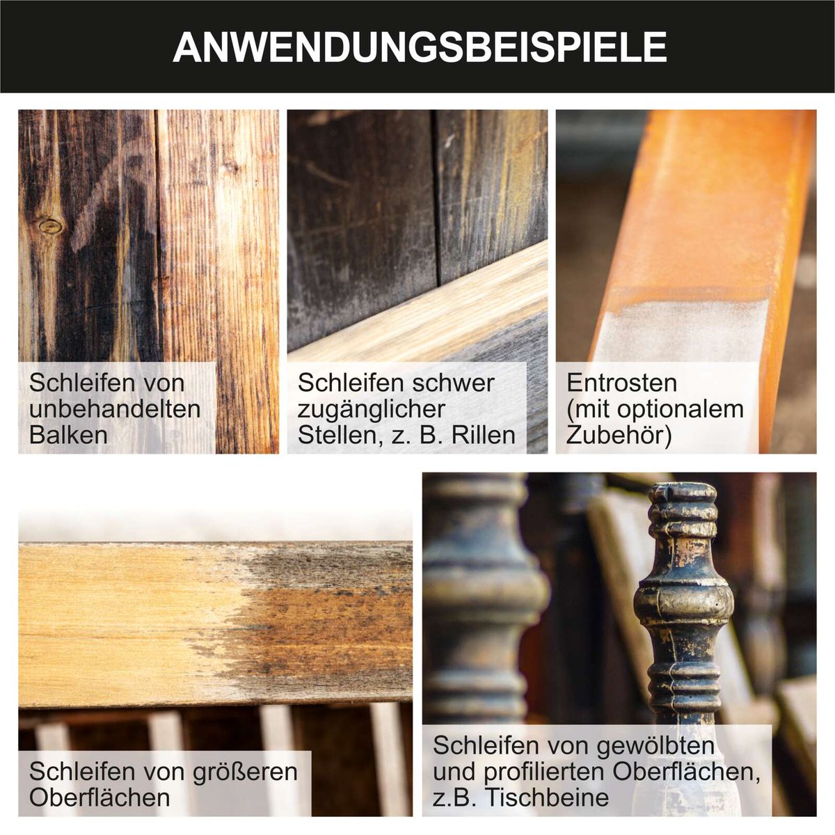 Beispiele für Schleifarbeiten an Holzbalken und profilierten Oberflächen für Renovierungsschleifer