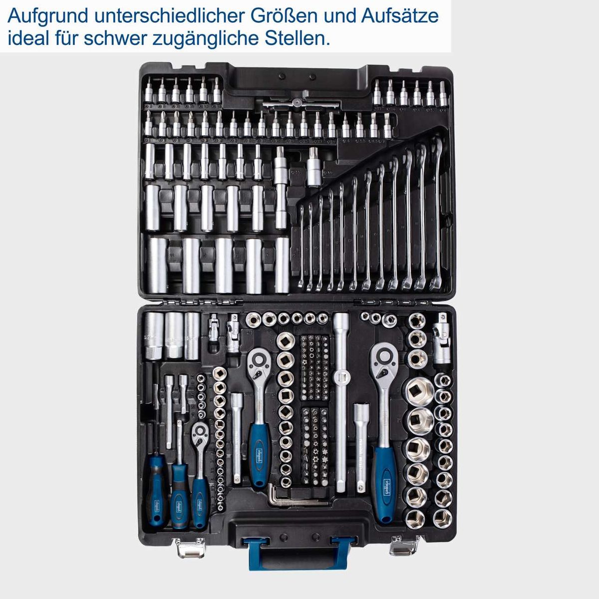 Der Werkzeugkoffer TB217 von Scheppach enthält verschiedene Größen und Aufsätze, ideal für schwer zugängliche Stellen. Enthält Schraubenschlüssel, Nüsse, Stecknüsse und verschiedene Bits.