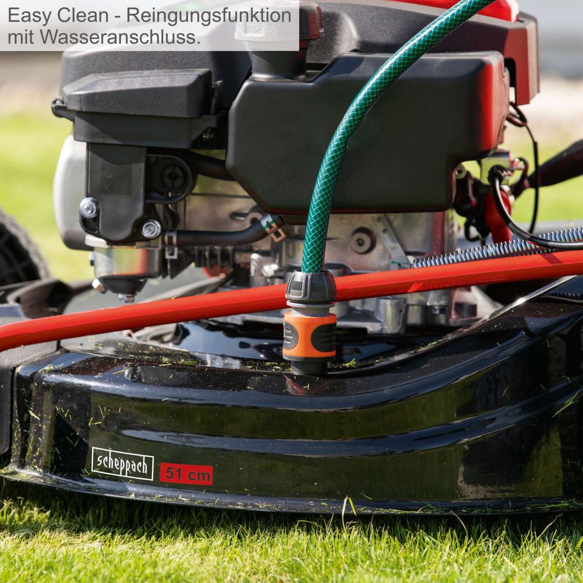 Der Scheppach Rasenmäher MS173-51E mit Easy Clean-Reinigungsfunktion und Wasseranschluss. Schnittbreite 51 cm.