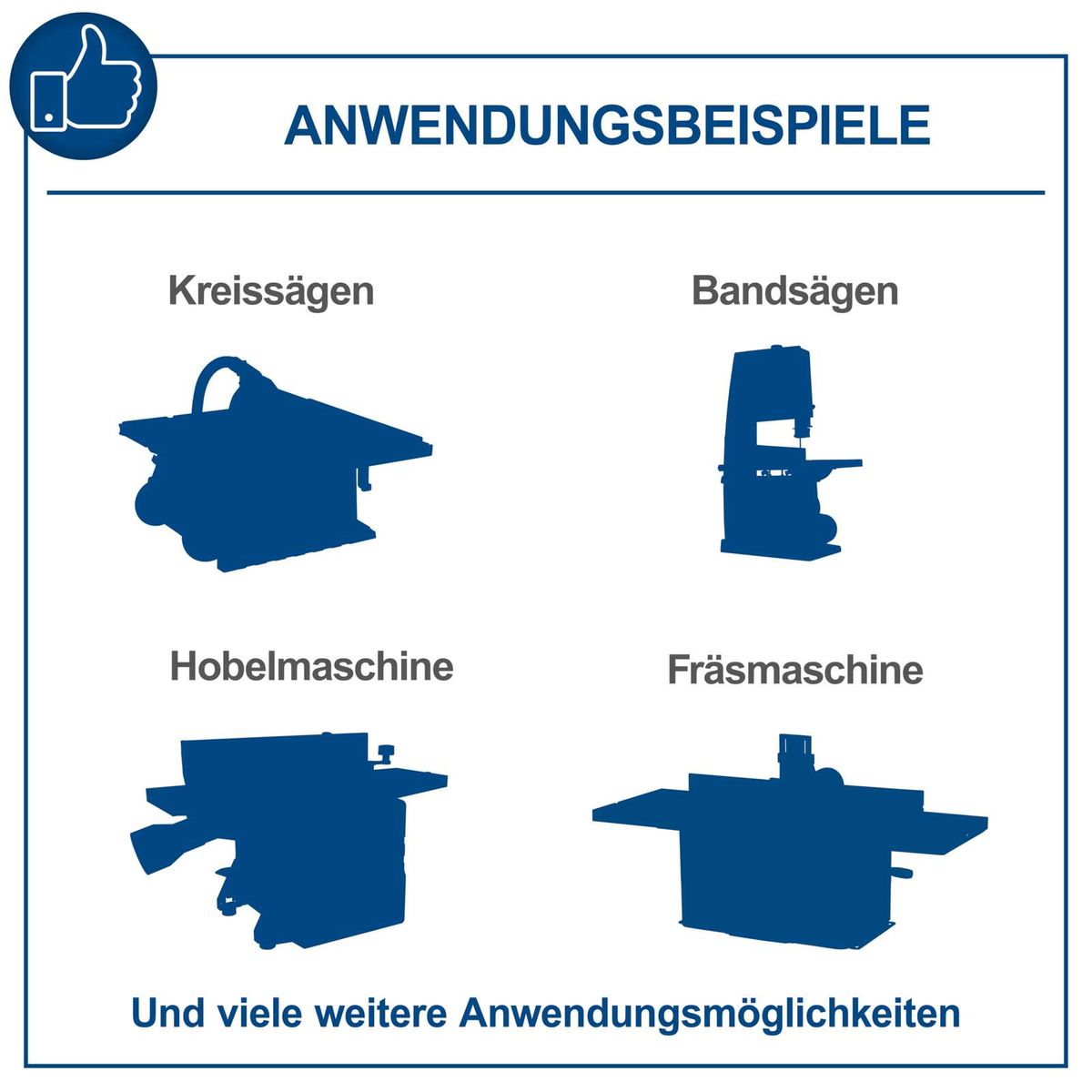 Anwendungsbeispiele für die Absauganlage DC500: Kreissägen, Bandsägen, Hobelmaschinen und Fräsmaschinen. Geeignet für viele weitere Anwendungsmöglichkeiten.