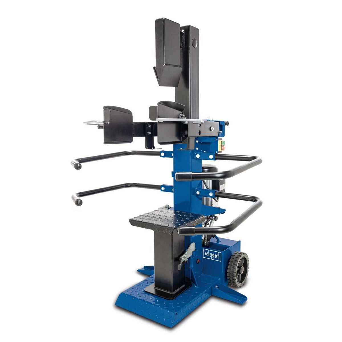 Holzspalter mit Standfunktion, 8 Tonnen Presskraft, 3150W Motorleistung, Meterholzspalter mit Abmessungen 1070mm x 350mm. Ausgestattet mit Sicherheitsgriffen und verstellbarem Spaltkeil.