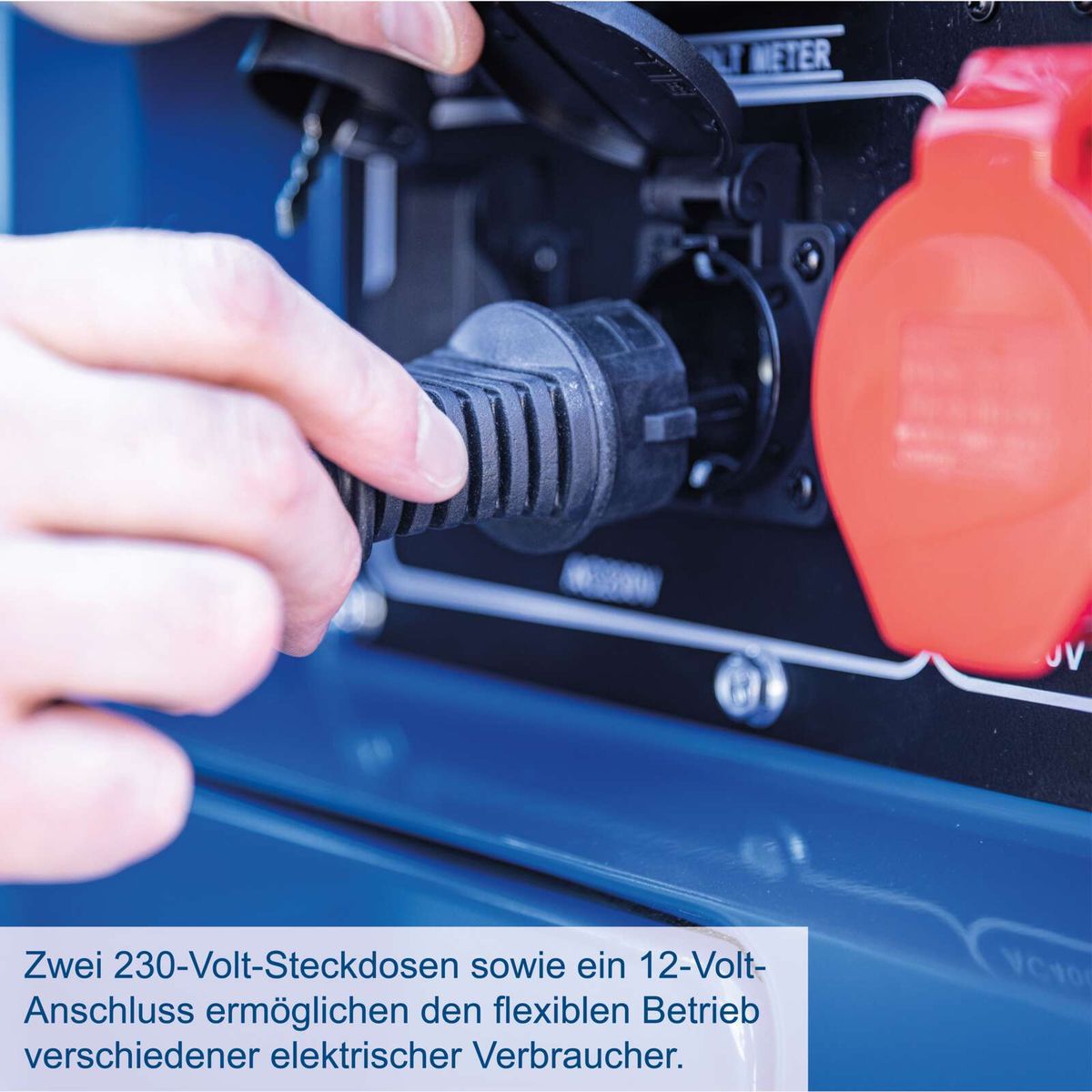 Diesel-Stromerzeuger mit zwei 230-Volt-Steckdosen und einem 12-Volt-Anschluss für flexiblen Betrieb verschiedener Geräte