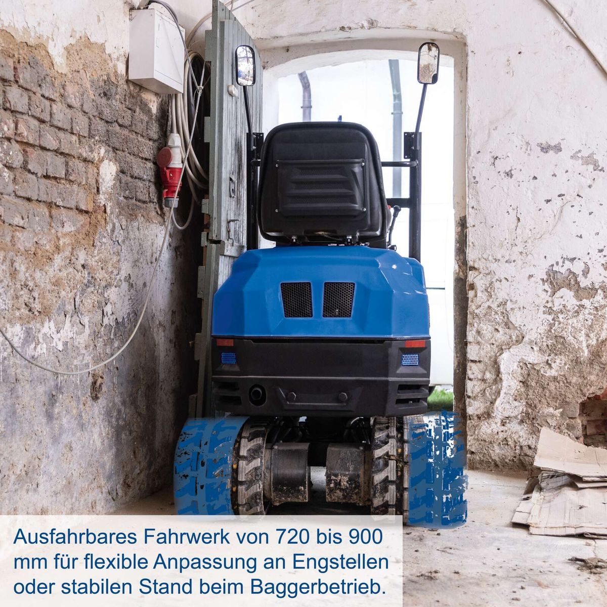 Verstellbares Fahrwerk von 720 bis 900 mm für flexible Anpassung an enge Stellen oder stabilen Stand beim Baggerbetrieb