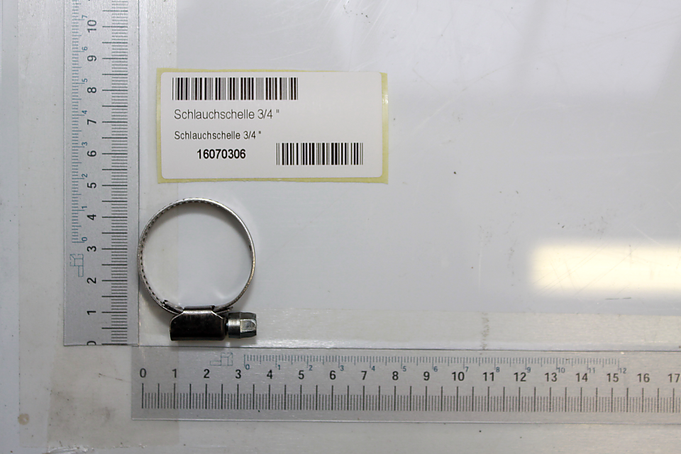 Scheppach-Schlauchschelle 3/4" mit Beschriftung und Ringmaßband