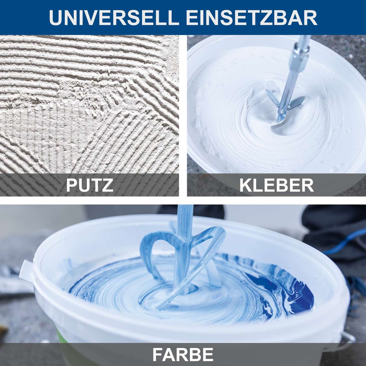 Universal einsetzbares Farb- und Kleberührwerk mit Putzfunktion für präzise Mischarbeiten