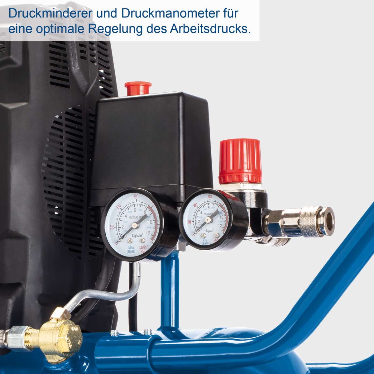 Druckminderer und Druckmessgeräte für präzise Arbeitsdruckregelung auf einem Kompressor mit integrierten Manometern und Ventilen