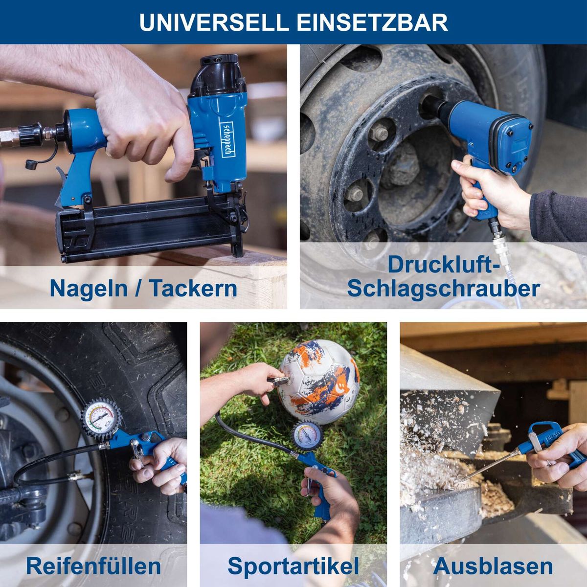 Werkzeuge für pneumatische Anwendungen: Nageln, Schrauben mit Druckluft, Ausblasen und Reifenauffüllen