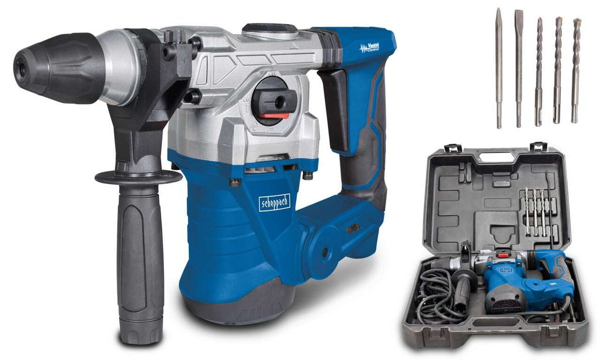 Bohrhammer DH1300 Plus von Scheppach mit Zubehörkoffer und Bohrer- und Meißelset. Der Bohrhammer ist von der Seite zu sehen.