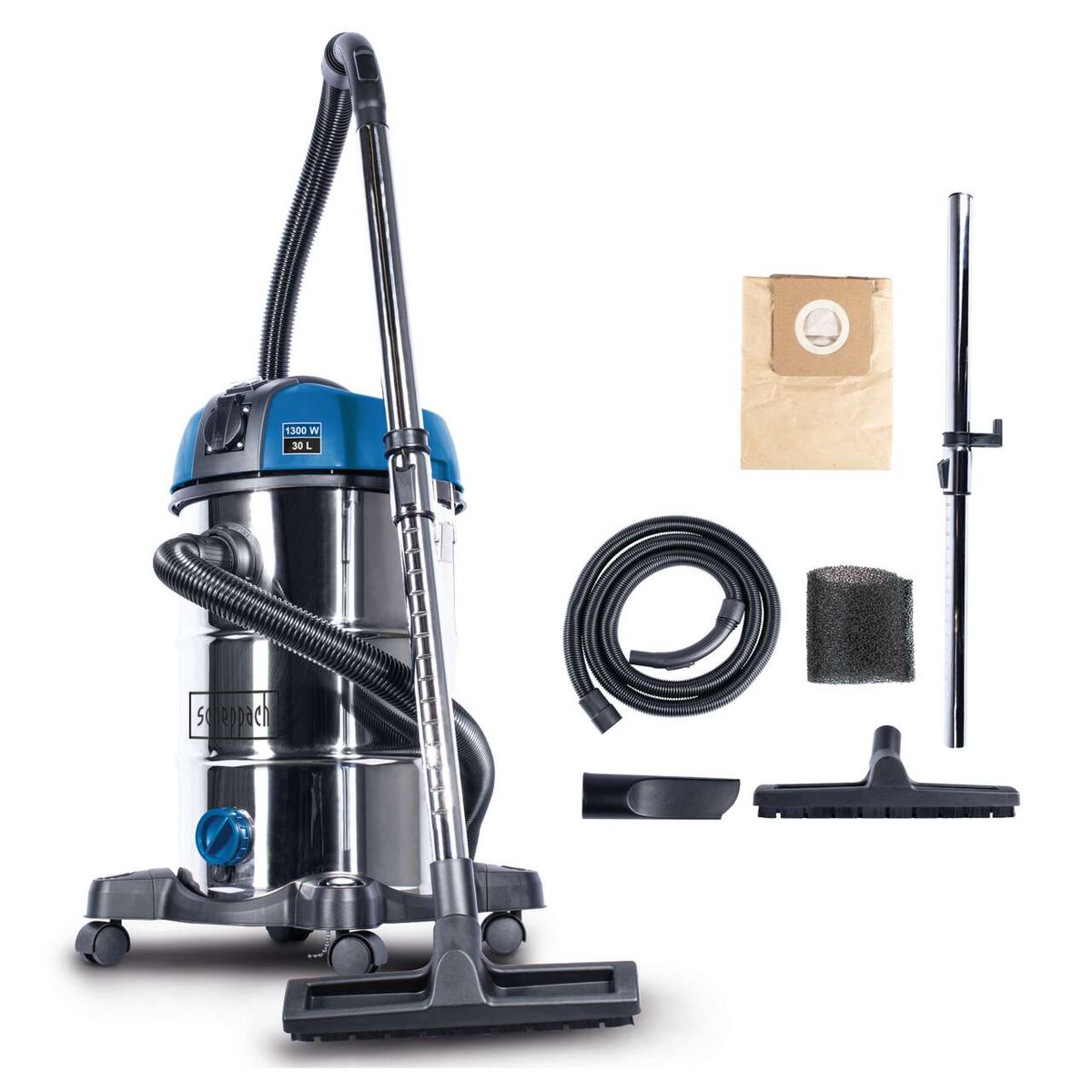 Scheppach Nass-/Trockensauger NTS30 Premium mit 1300-Watt-Leistung, 30-Liter-Behälter, 7-Meter-Arbeitsradius inkl. Zubehör mit Filter, Schlauch und Aufbewahrungsbeutel