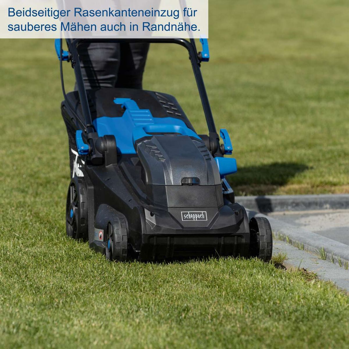 Der Akku-Rasenmäher BC-MP380-X von Scheppach verfügt über einen beidseitigen Rasenkanteneinzug für sauberes Mähen auch in Randnähe.