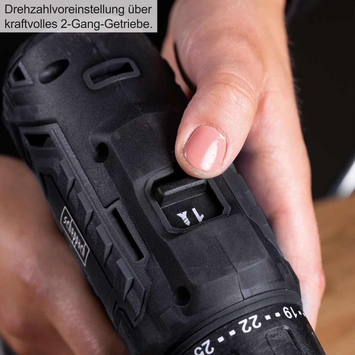 Scheppach Akku-Bohrschrauber mit Drehzahlvorwahl für kraftvolles 2-Gang-Getriebe