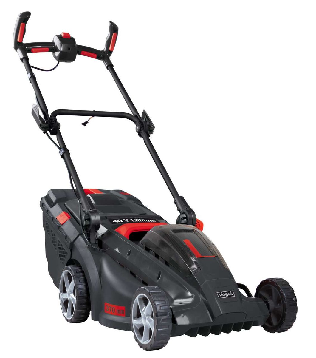 Rasenmäher LMB370-Li40V von Scheppach, akkubetrieben, seitliche Ansicht.