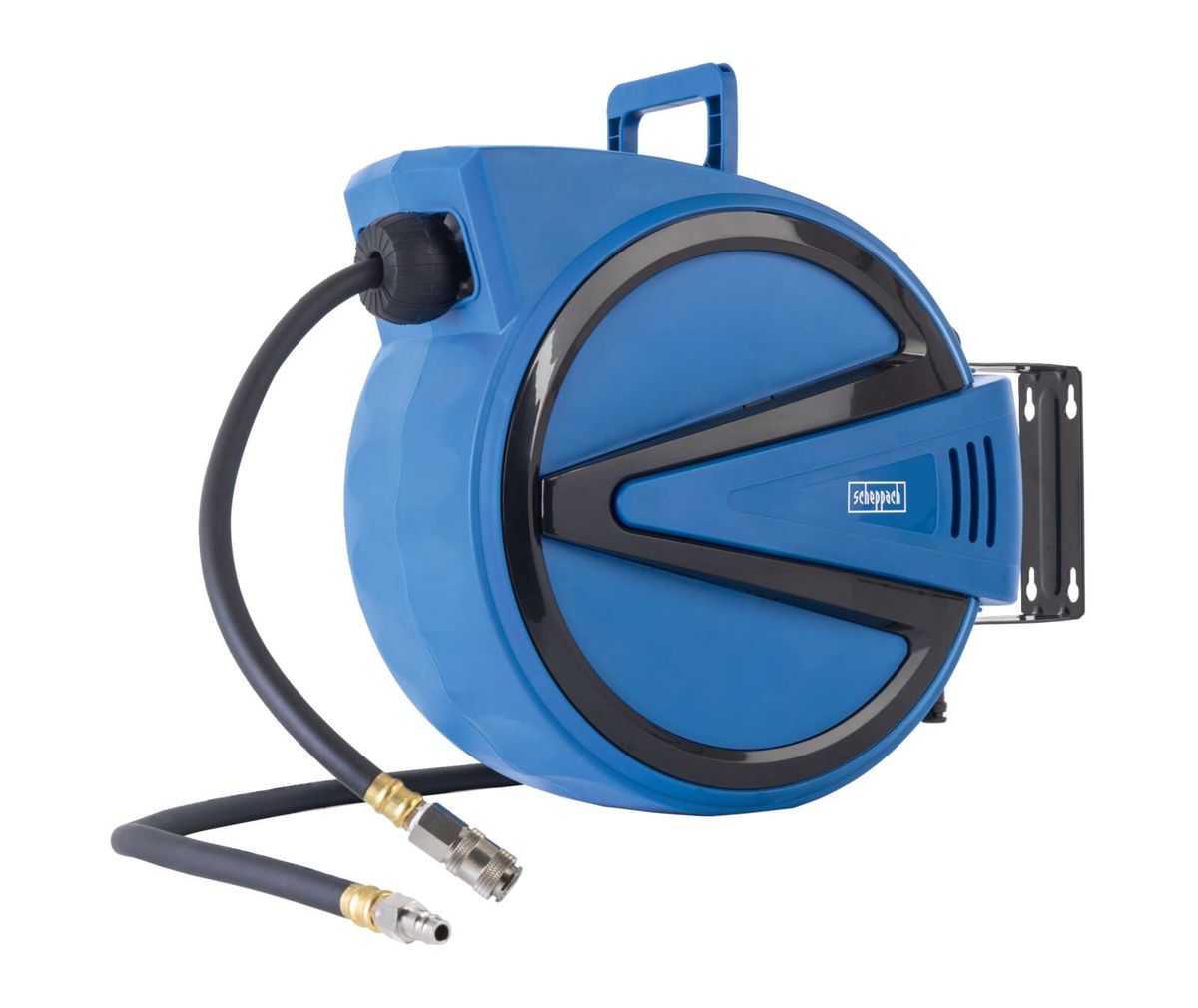 Automatik Druckluft Schlauchtrommel AHR15 Scheppach, 15m Schlauchlänge, 180° schwenkbar, tragbar, mit Autostopp. Ansicht von vorne.