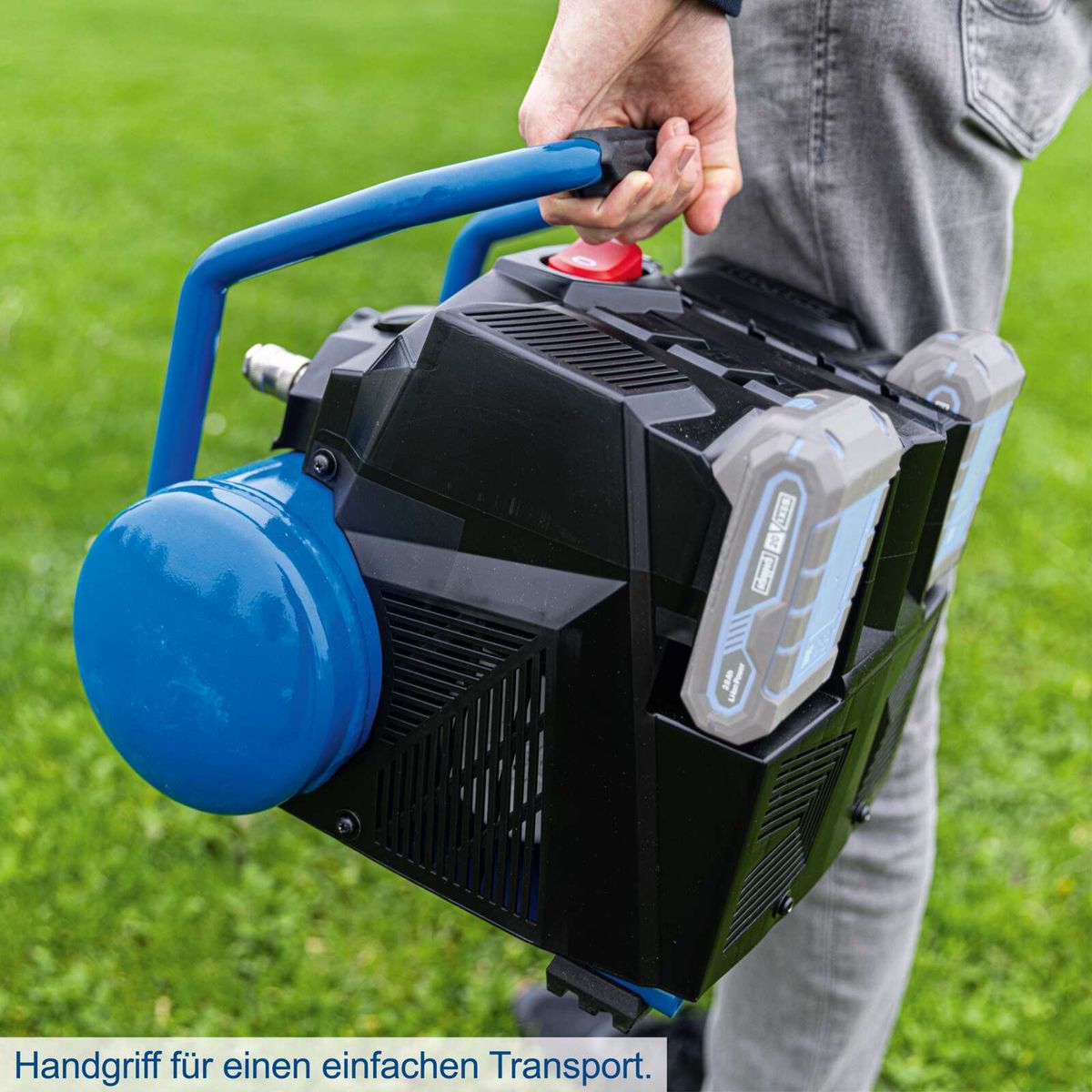 Ergonomischer Griff für einfachen Transport eines Akku-Kompressors