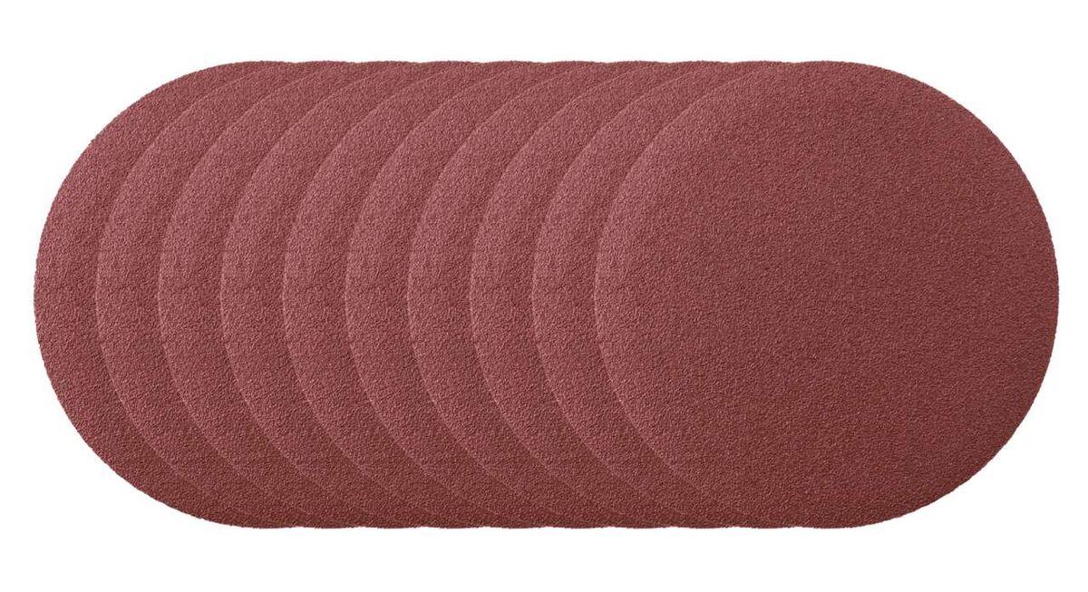 Scheppach Schleifpapier Ø 150 mm K 80, ovale Scheibe, von oben fotografiert.