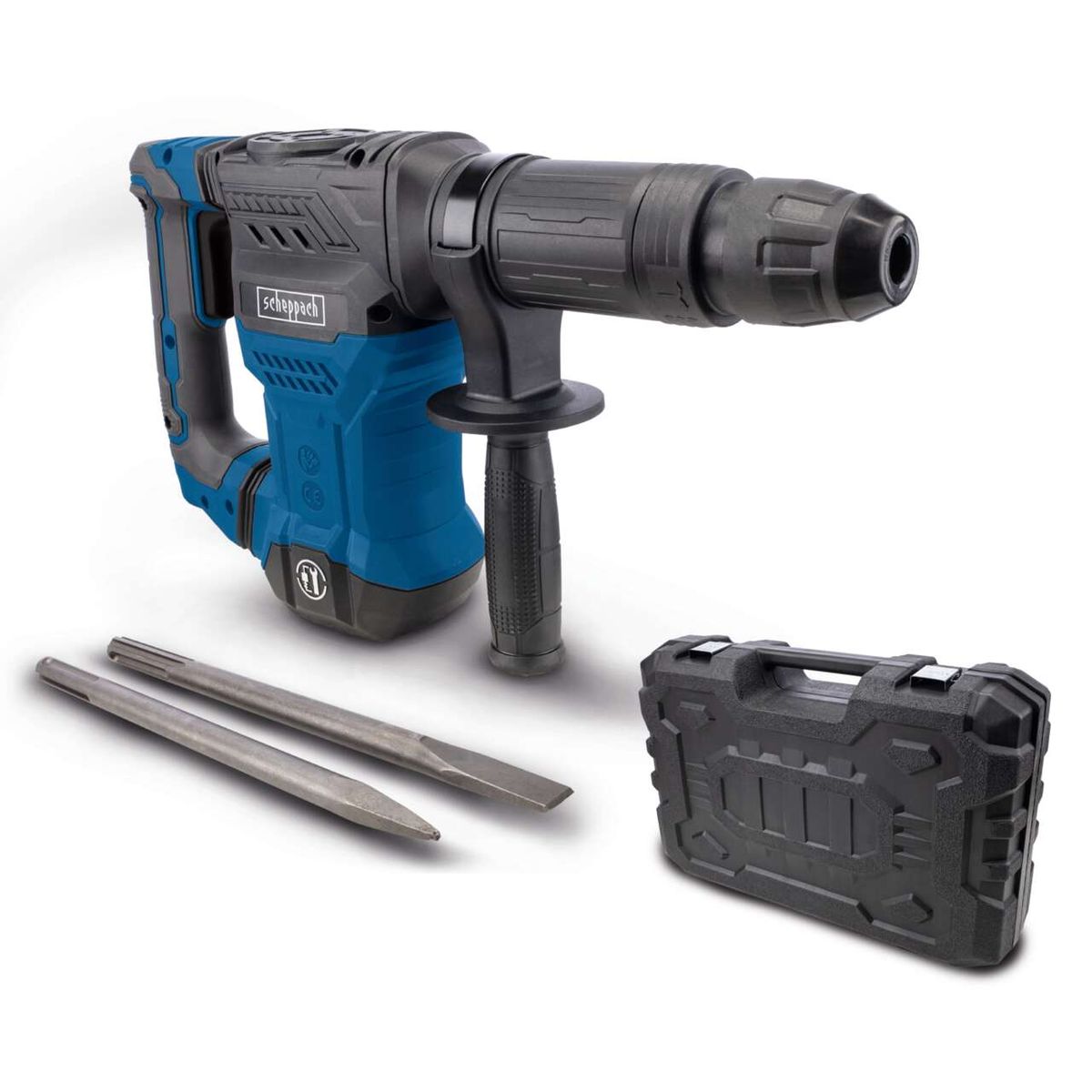 Abbruchhammer AB1500X Scheppach mit 1300W Leistung, 20J Schlagkraft, SDS-Max, 4100 BPM, 6kg leicht. Inklusive zwei Meißel und Aufbewahrungskoffer. Gezeigt von der Seite.