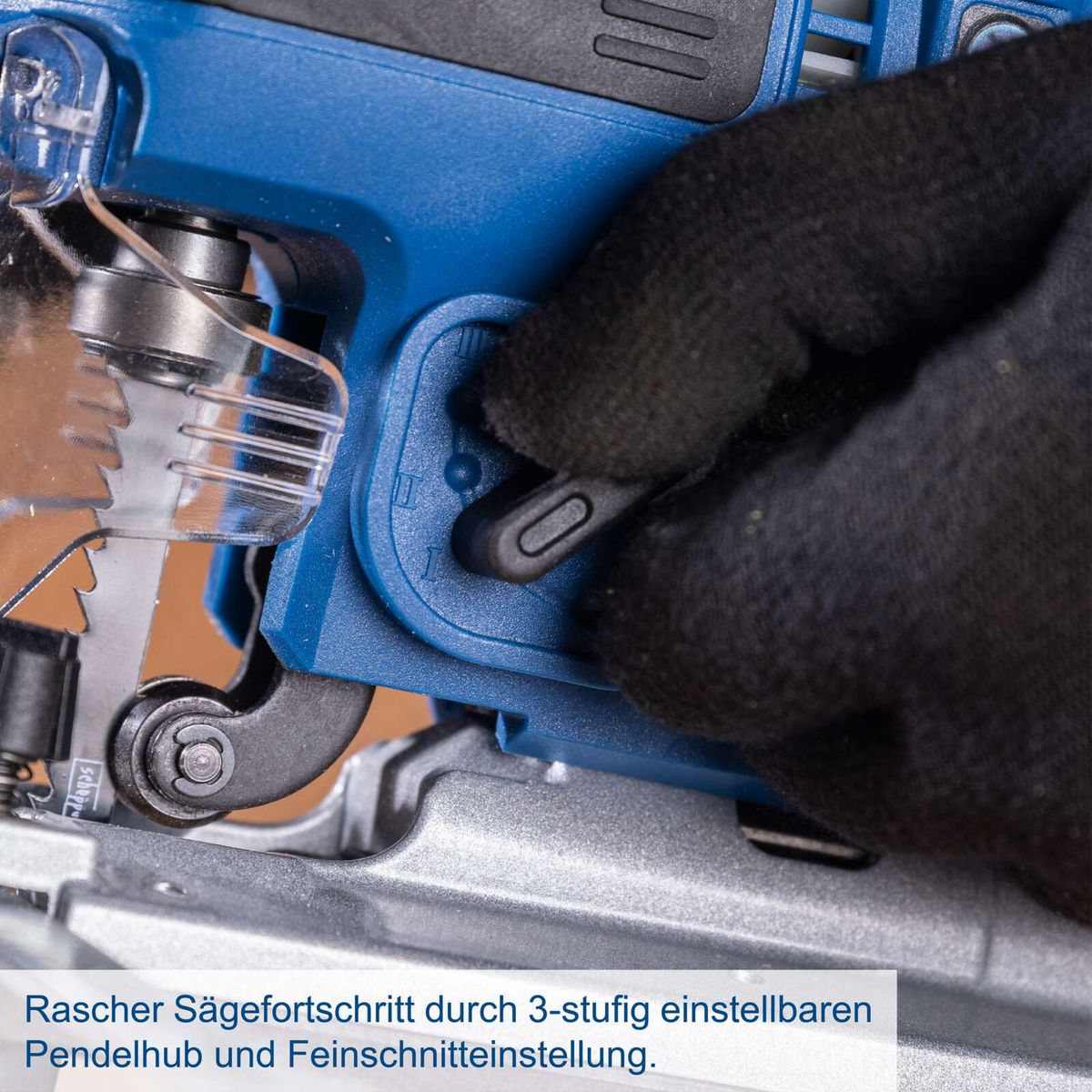 3-stufig einstellbarer Pendelhub für präzise Sägefortschritte und Feinschnitteinstellung