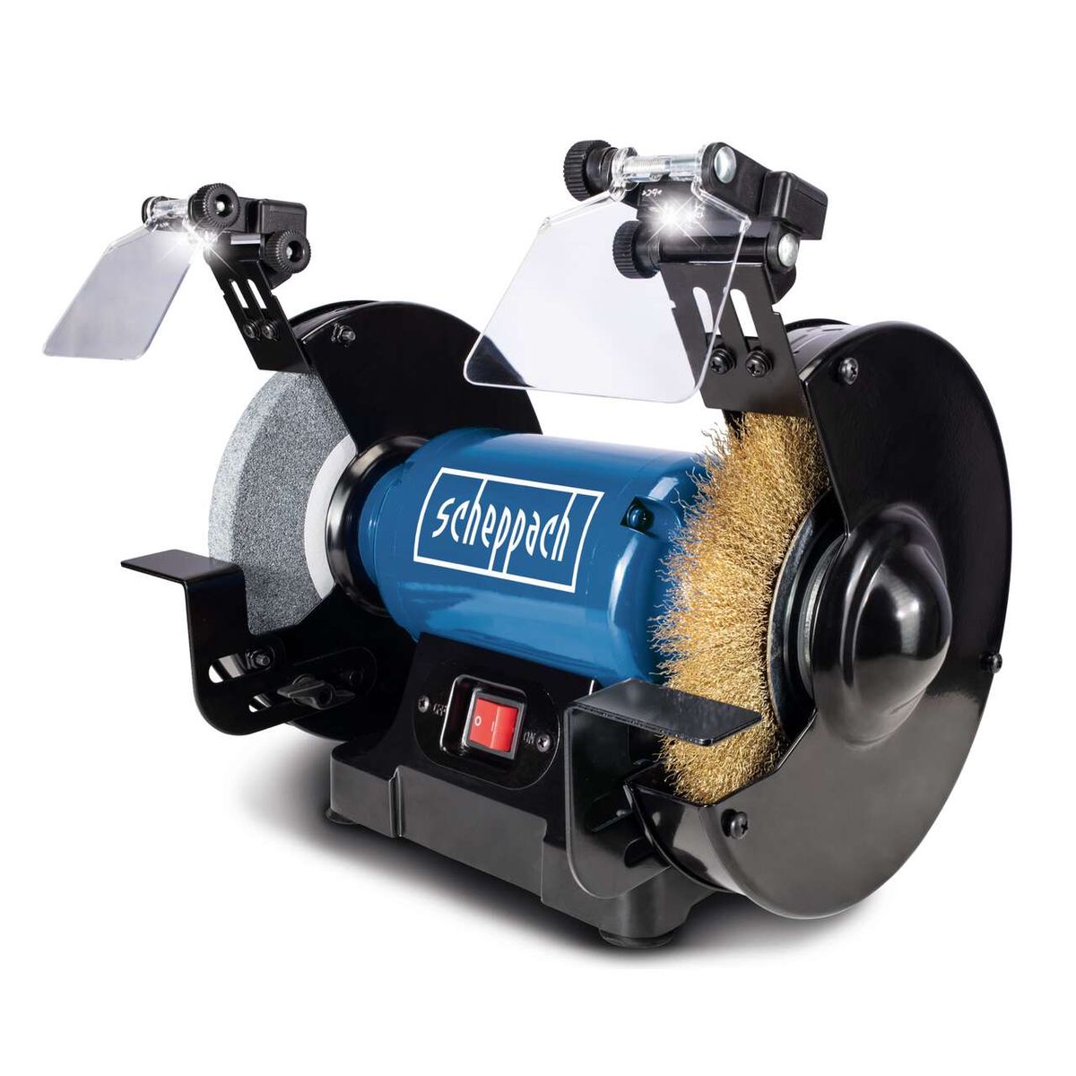 Der Scheppach Doppelschleifer SM200LB verfügt über zwei beleuchtete Arbeitsflächen für präzises Arbeiten. Die Beleuchtung sorgt für optimale Sicht während der Bearbeitung.