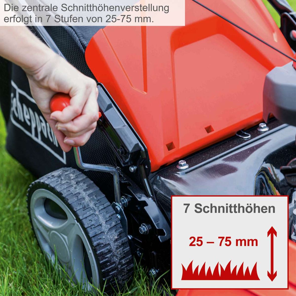 Der Scheppach Rasenmäher MS161-46 bietet eine zentrale Schnitthöhenverstellung in 7 Stufen von 25-75 mm.