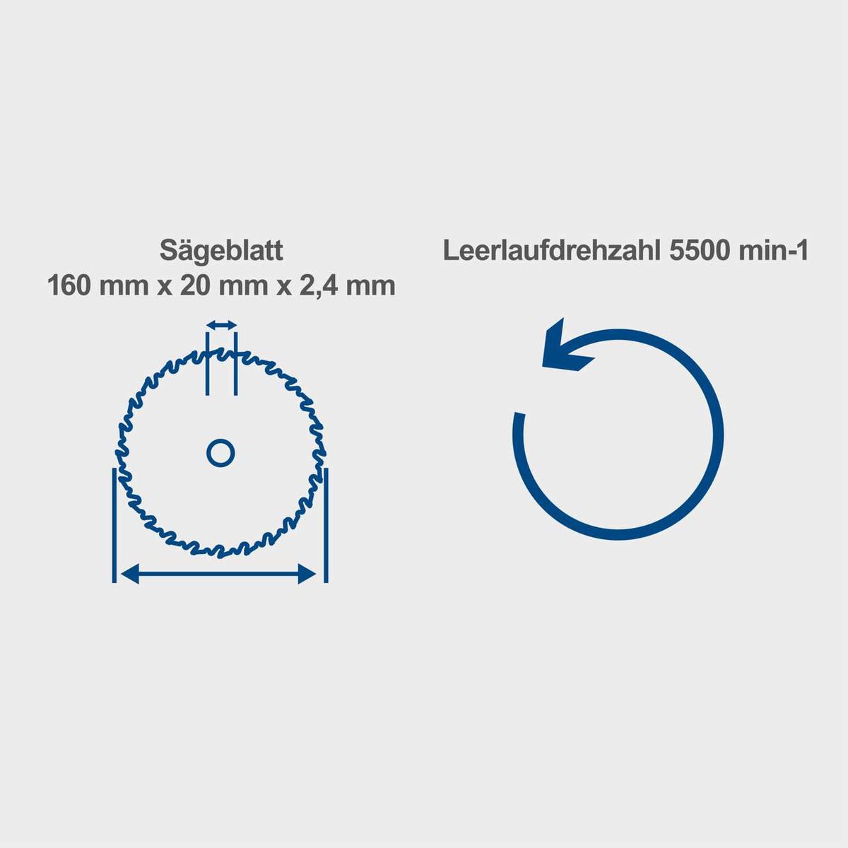 Sägeblatt mit den Maßen 160 mm x 20 mm x 2,4 mm. Leerlaufdrehzahl beträgt 5500 min-1.