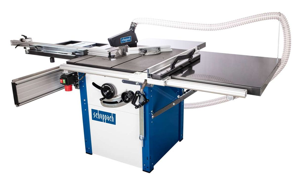 Tischkreissäge Precisa 4.0 von Scheppach, seitliche Ansicht mit ausgeklapptem Auswurf und Staubabsaugung.