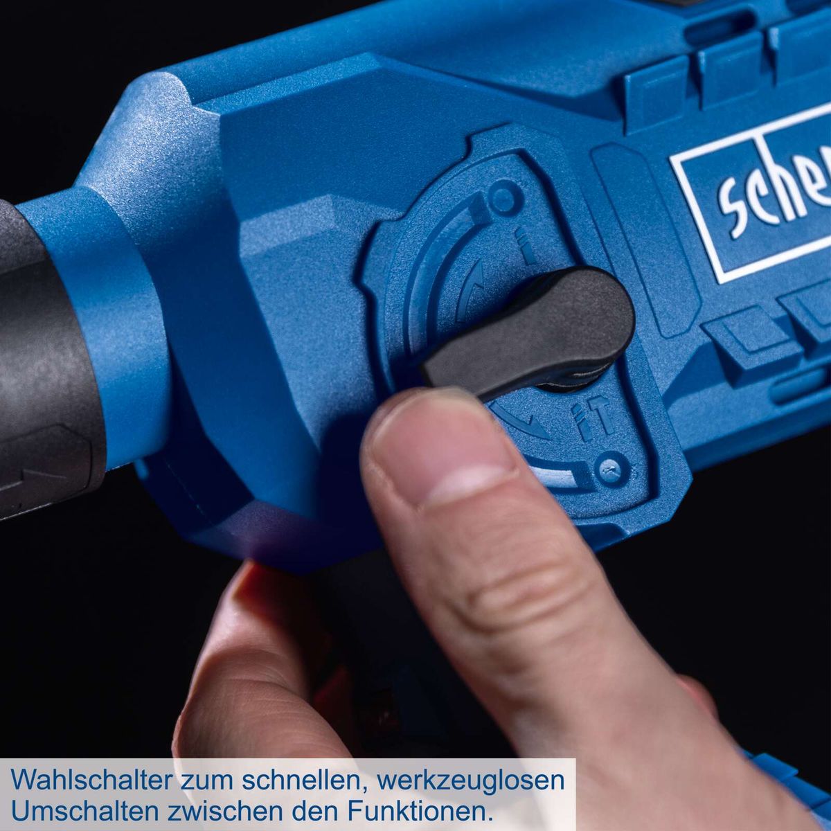 Der Akku-Bohrhammer C-RHD130-X von Scheppach verfügt über einen Wahlschalter zum schnellen, werkzeuglosen Umschalten zwischen den Funktionen.