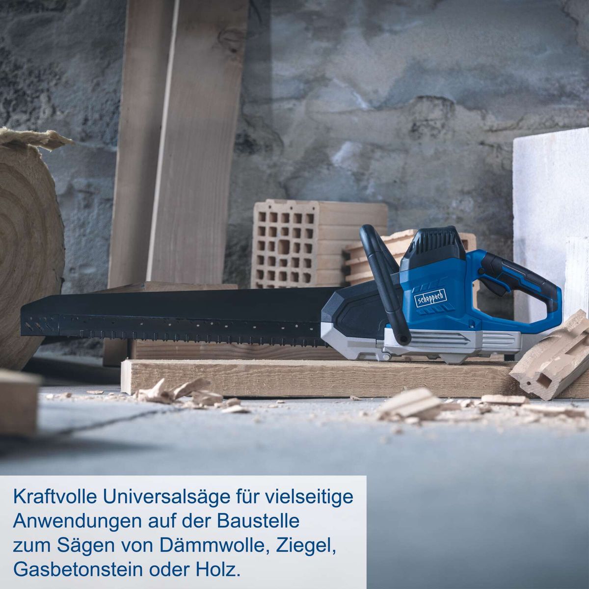 Elektro-Universalsäge für vielseitige Baustellenanwendungen mit Sägeblatt für verschiedene Materialien wie Dämmwolle, Ziegel und Gasbetonstein