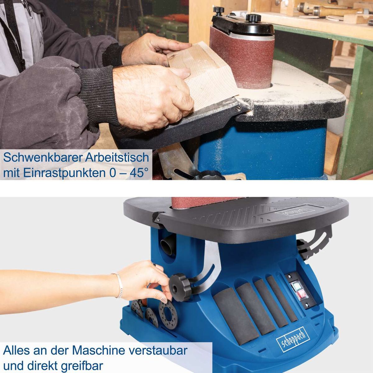 Der Oszillierender Kanten-, Band- und Spindelschleifer OSM600 von Scheppach bietet einen schwenkbaren Arbeitstisch mit Einrastpunkten von 0 bis 45 Grad. Alle Teile der Maschine sind verstau- und direkt greifbar.