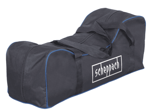 Tragetasche Scheppach (DIY) von der Seite gezeigt. Die Tasche ist schwarz mit blauen Akzenten und trägt den Aufdruck 'Scheppach'.