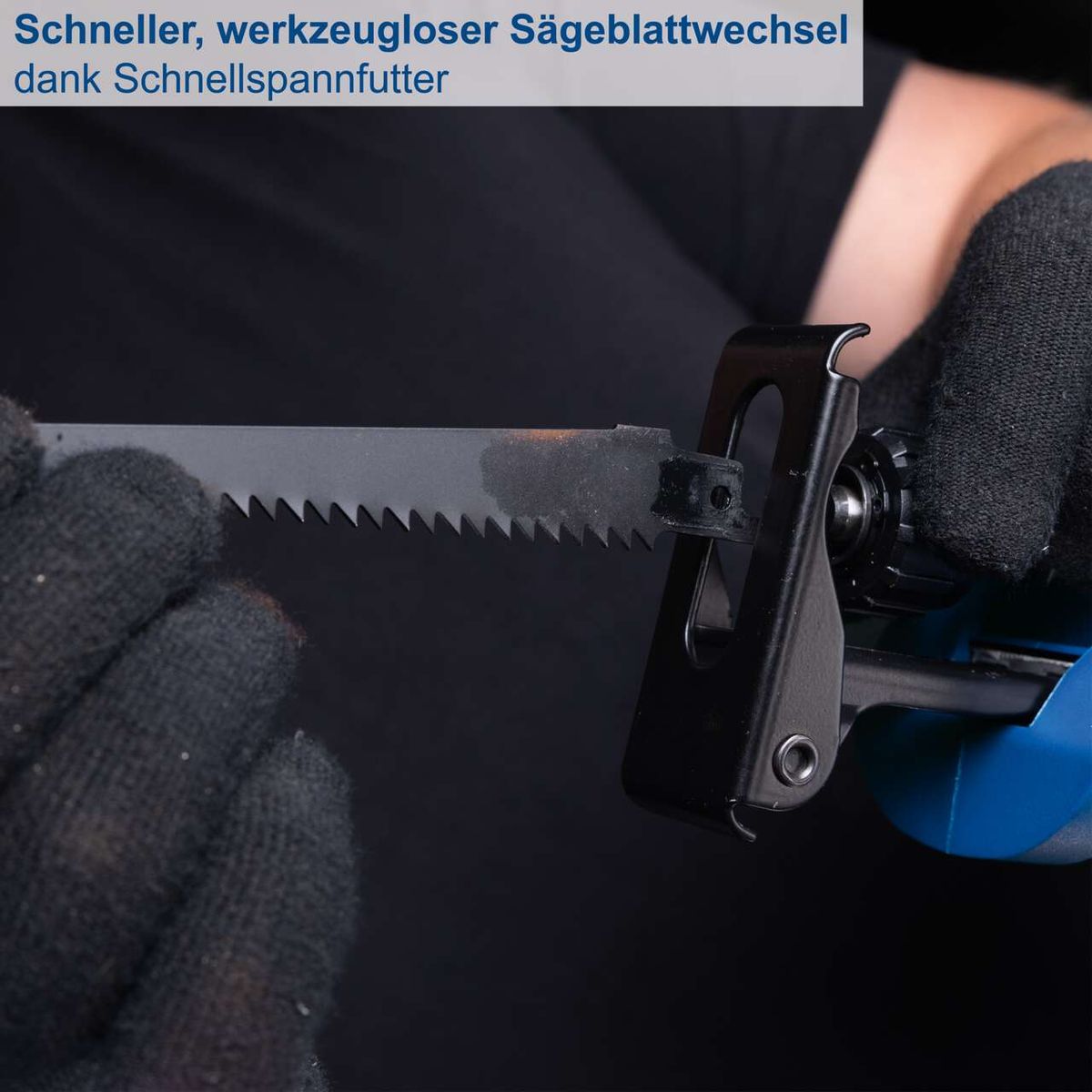 Schneller, werkzeugloser Sägeblattwechsel dank Schnellspannfutter. Die Akku-Säbelsäge BC-RS250-X von Scheppach ermöglicht einen schnellen und einfachen Wechsel des Sägeblatts ohne zusätzliche Werkzeuge.