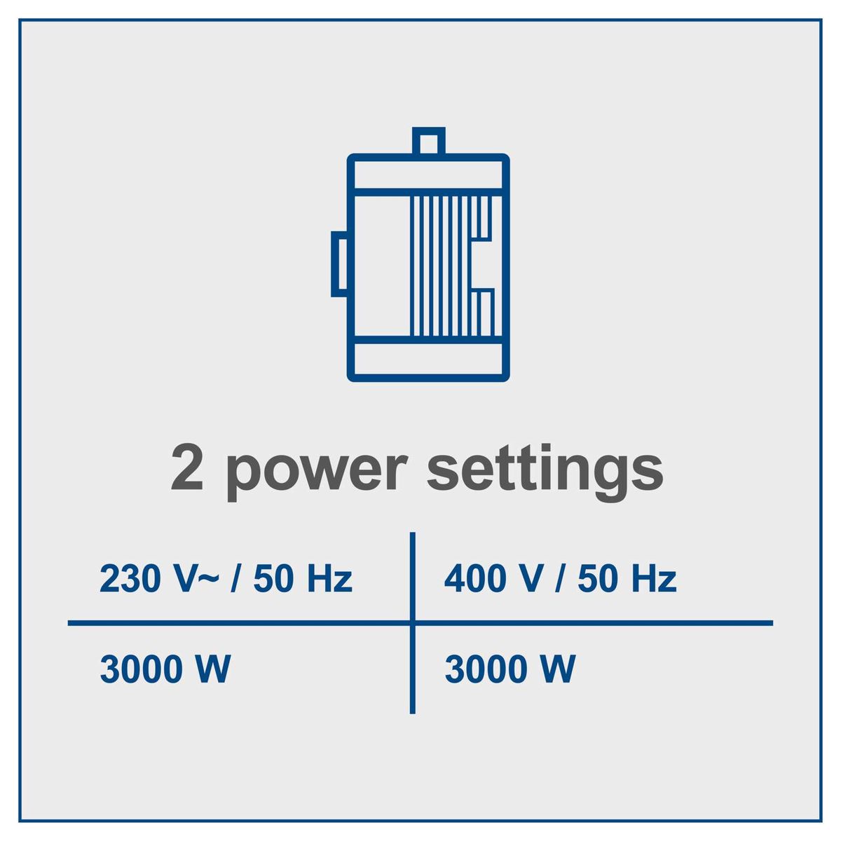 Rocking log saw HS550 with 2 power settings: 230 V / 50 Hz and 400 V / 50 Hz, each with 3000 W power.