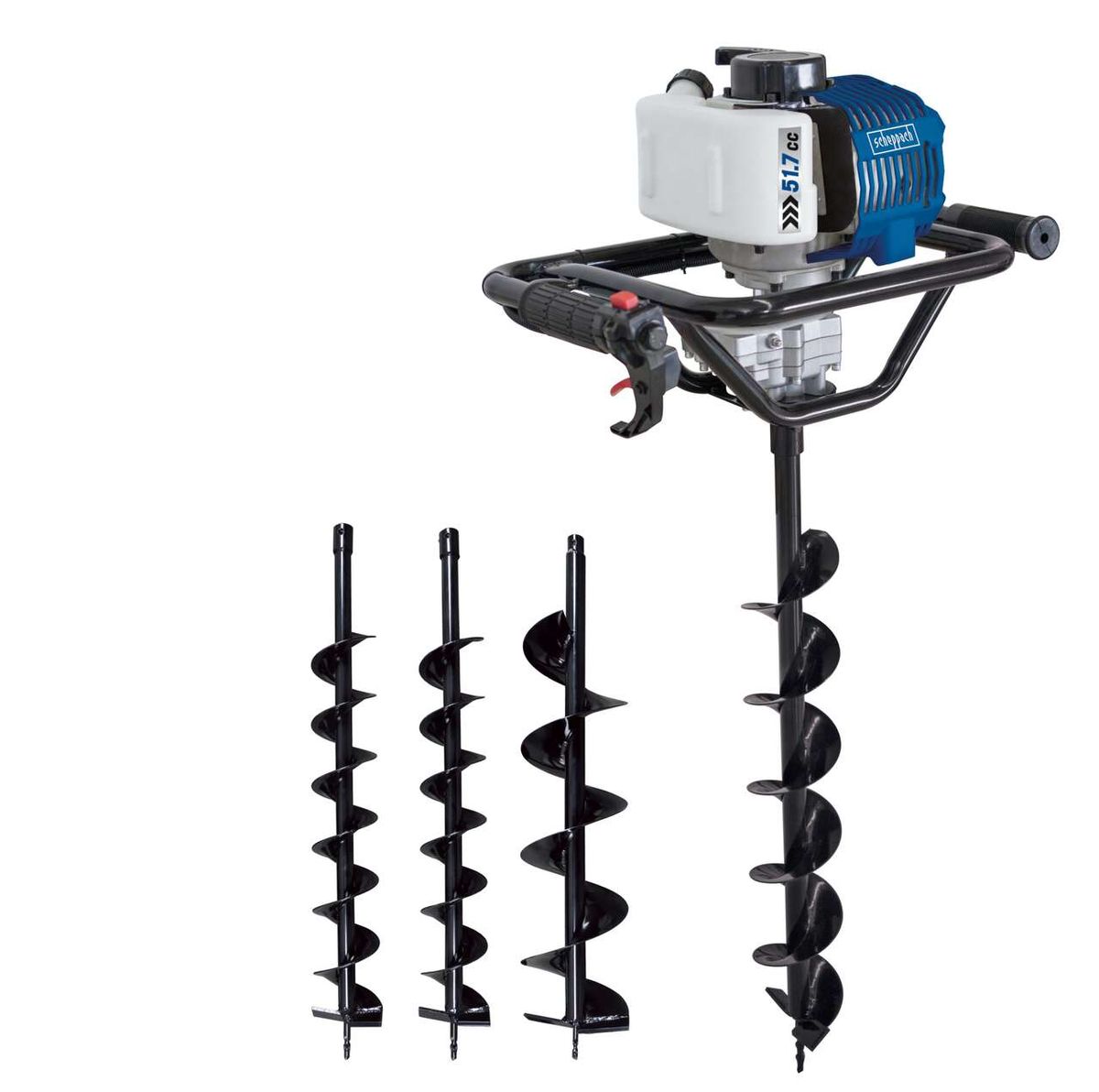 Benzin Erdbohrer EB1700 Scheppach mit vier verschiedenen Bohrern, von vorne fotografiert.