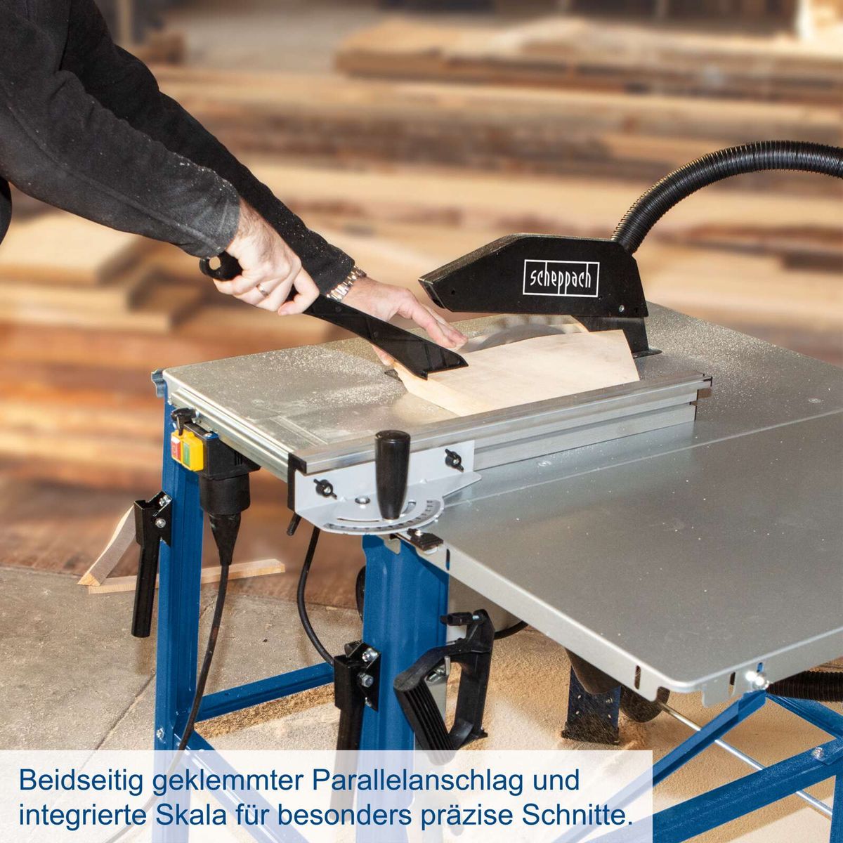 Doppelseitig Parallelschlitten mit integrierter Skala für präzise Schnitte auf Scheppach-Tischkreissäge