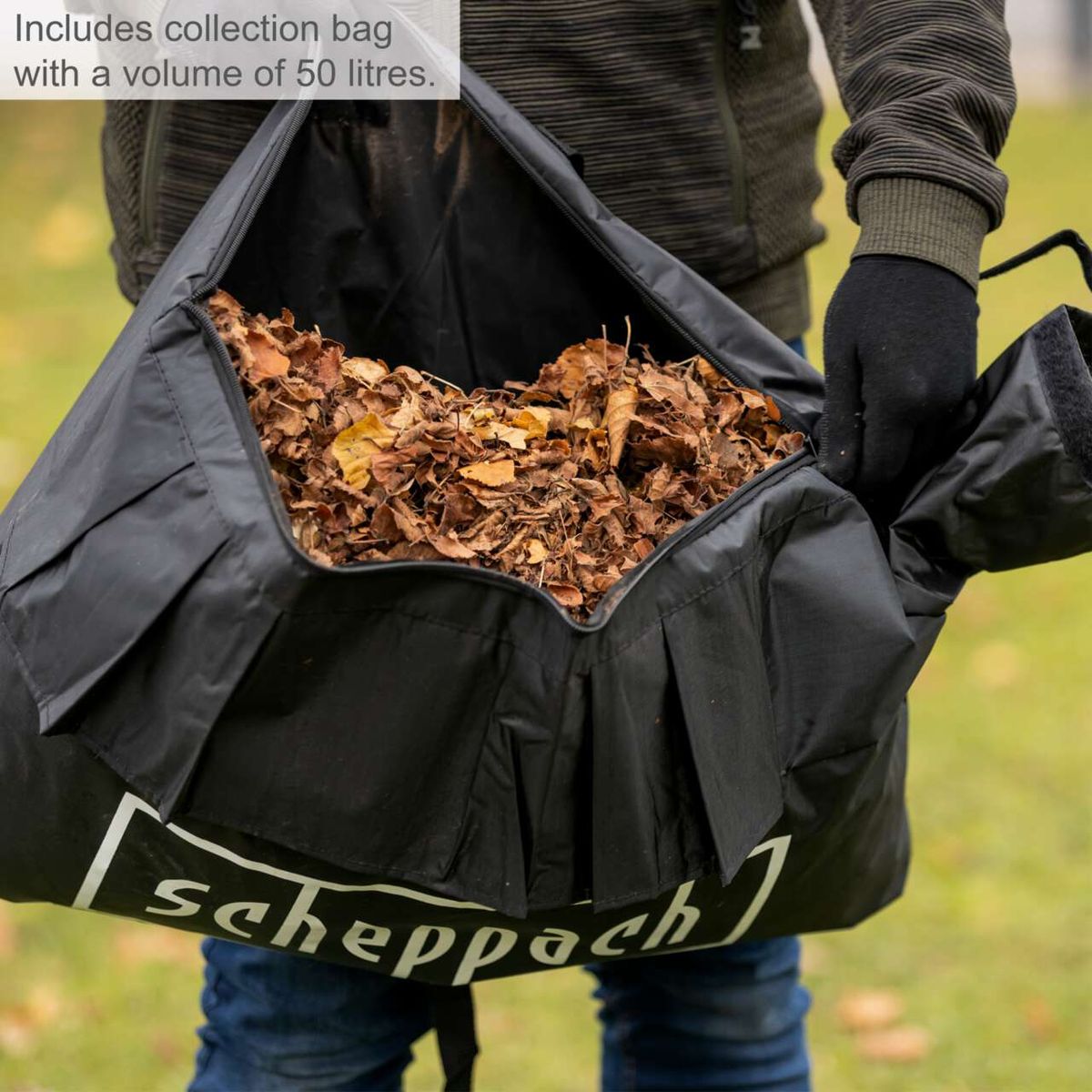 The Scheppach Leaf Blower & Vacuum LBH2600P Petrol includes a collection bag with a volume of 50 litres.