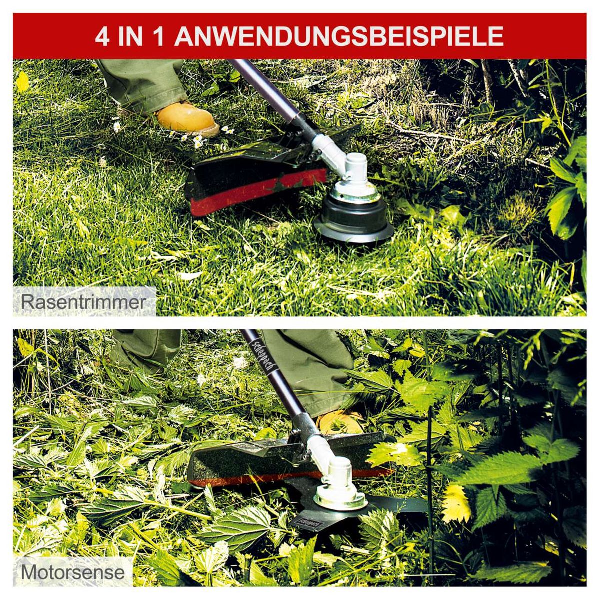 Multifunktionsgerät mit Rasenmäherfunktion und Motorsense-Funktion für Gartenpflege