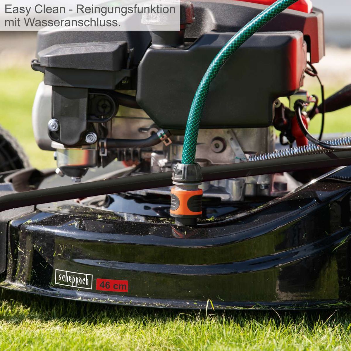 Der Scheppach Rasenmäher MP150-46 mit Easy Clean-Reinigungsfunktion und Wasseranschluss. Schneidbreite 46 cm.
