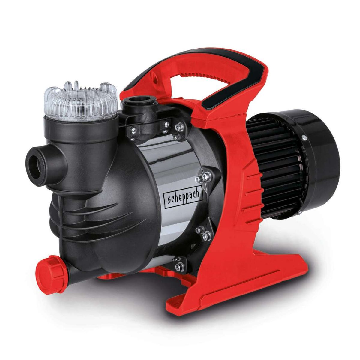 Gartenpumpe GP1400JET von Scheppach mit 1300W Leistung, 6000L/h Fördermenge, 4,8bar Förderdruck und max. 8m Saughöhe. Gezeigt von der Seite mit Griff und Motor.